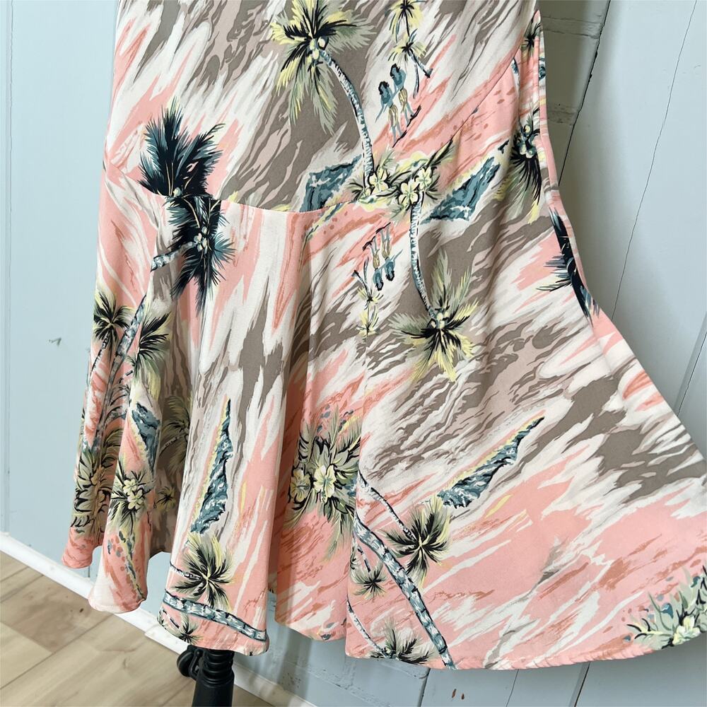 Vintage Kauaiana Palm Print Trumpet Style Maxi Dress Pink Gray White Small - Picture 10 of 13